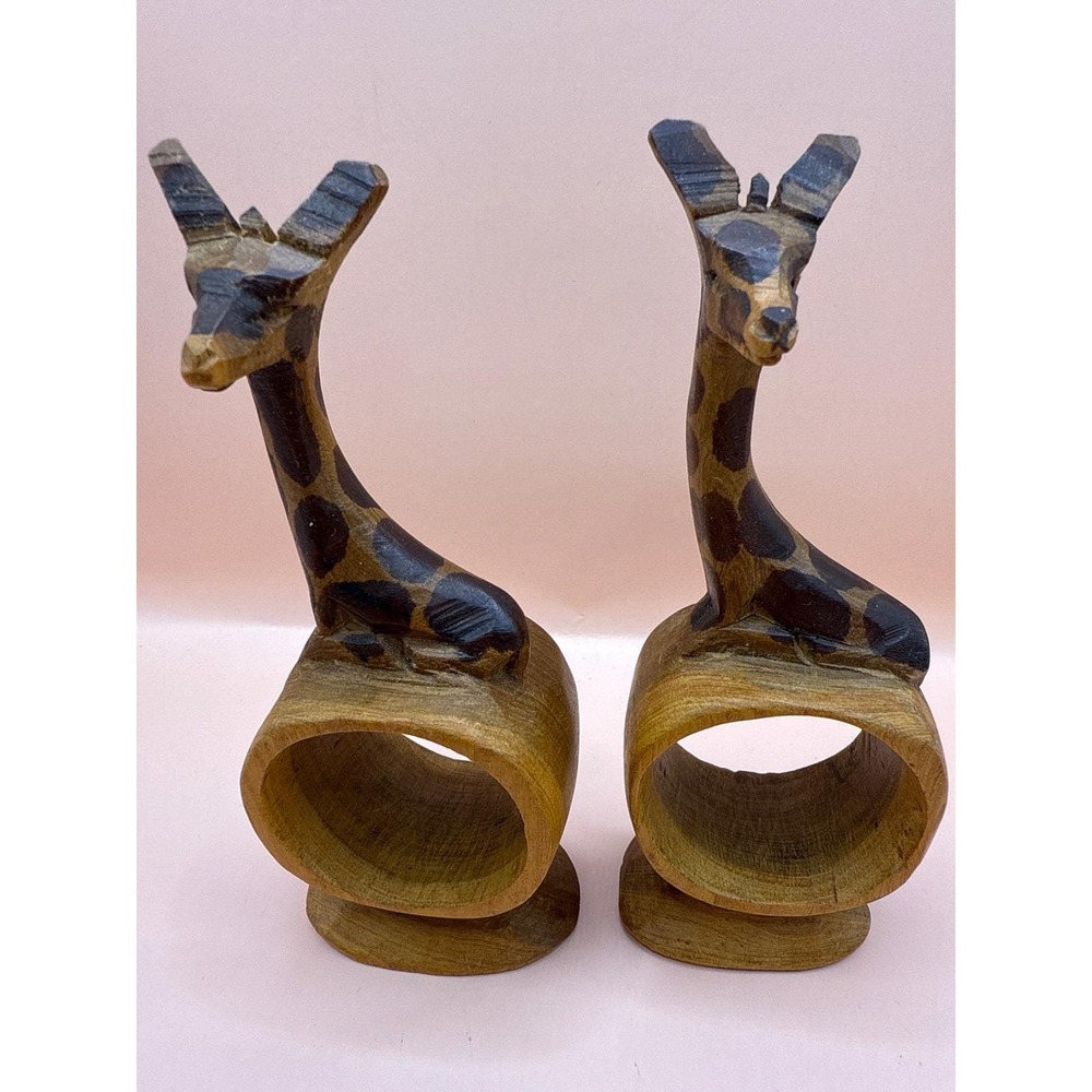 Wooden Giraffe Napkin Rings Set of 2, Carved Animal‎ Home Decor - Picture 2 of 10